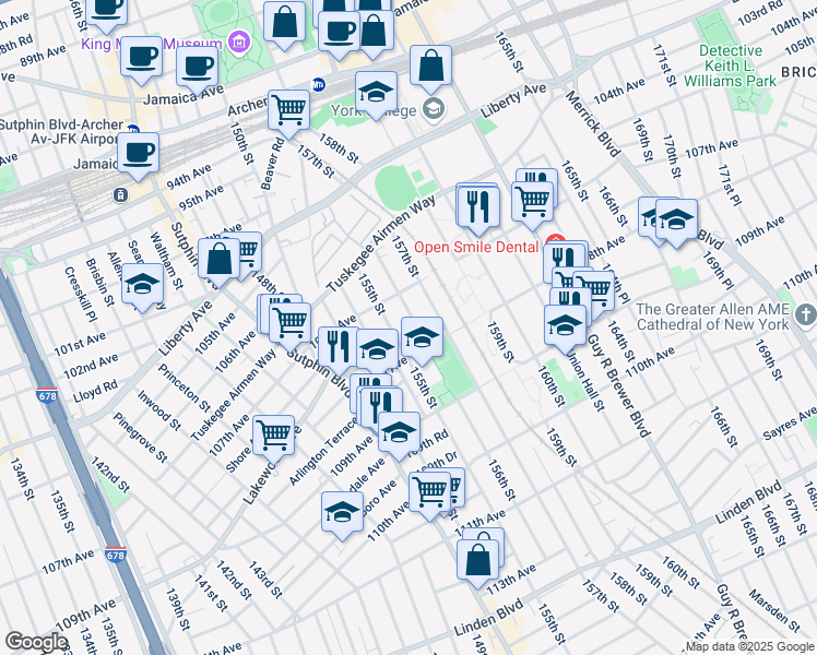 map of restaurants, bars, coffee shops, grocery stores, and more near 10734 156th Street in Queens