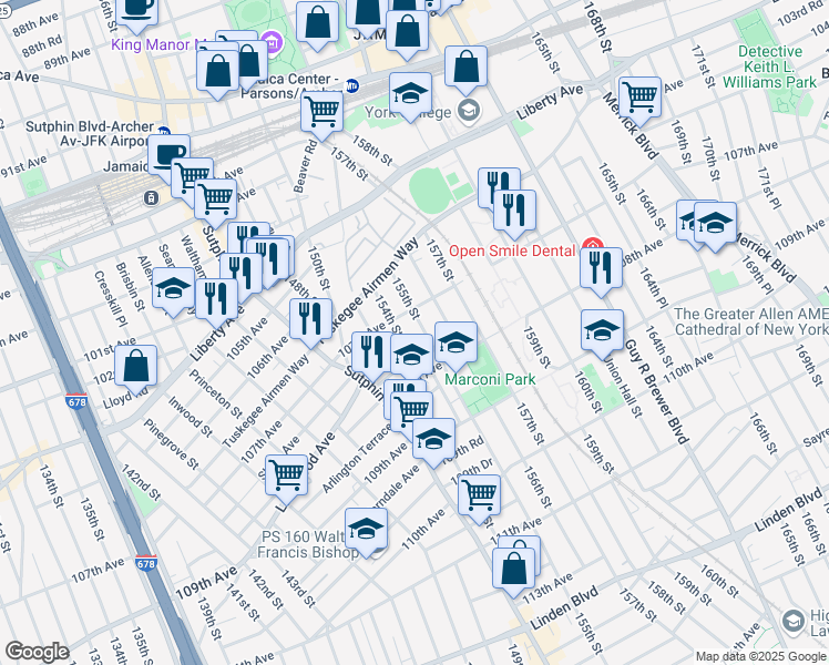 map of restaurants, bars, coffee shops, grocery stores, and more near 107-15 154th Street in Queens