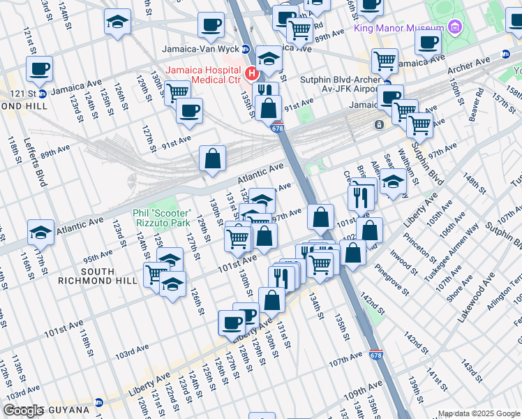 map of restaurants, bars, coffee shops, grocery stores, and more near 95-23 133rd Street in Queens