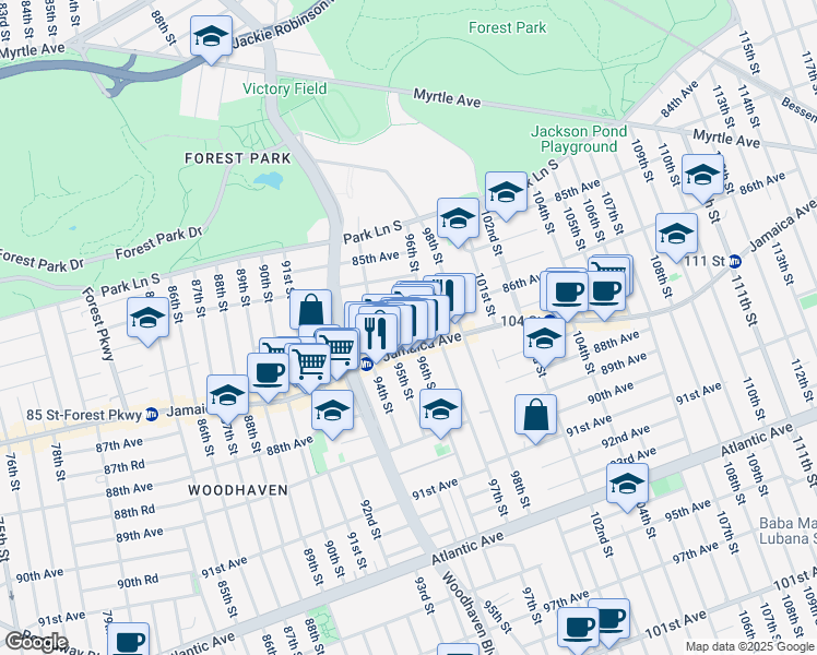 map of restaurants, bars, coffee shops, grocery stores, and more near 86-30 96th Street in Queens