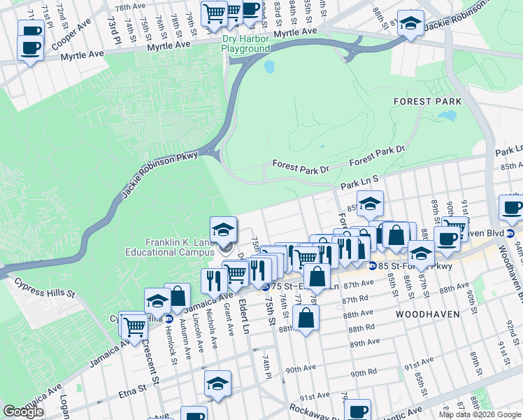 map of restaurants, bars, coffee shops, grocery stores, and more near 74-34 Park Lane South in Queens
