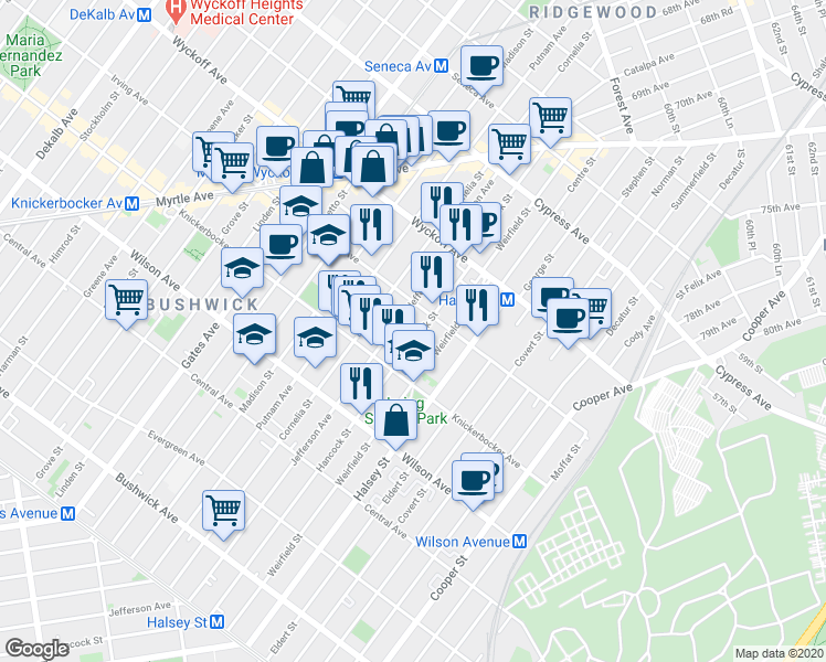 map of restaurants, bars, coffee shops, grocery stores, and more near 1398 Jefferson Avenue in Brooklyn
