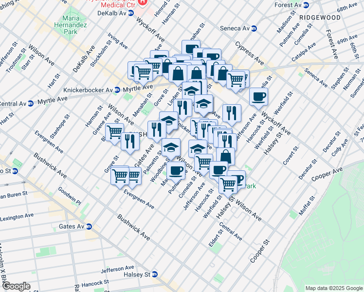 map of restaurants, bars, coffee shops, grocery stores, and more near 246 Woodbine Street in Brooklyn
