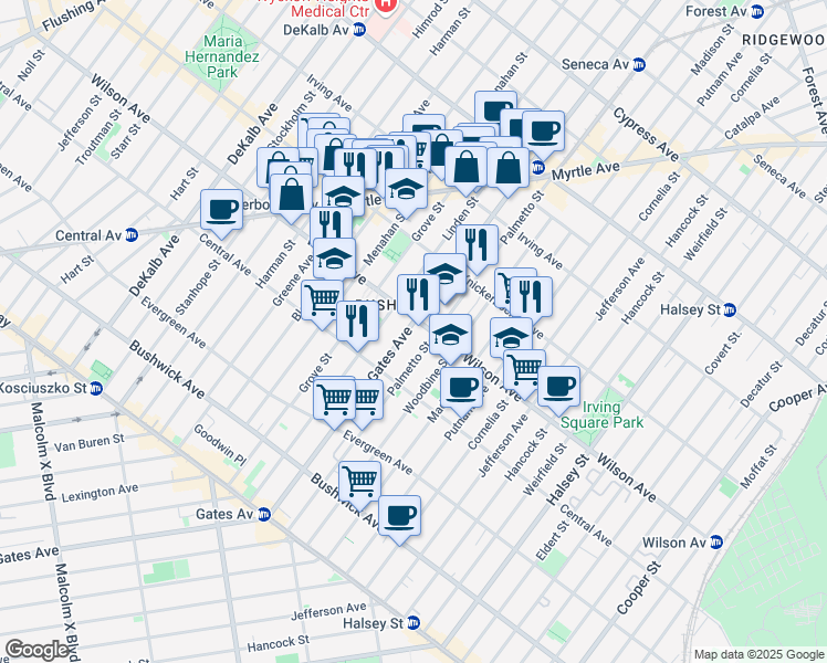 map of restaurants, bars, coffee shops, grocery stores, and more near 1329 Gates Avenue in Brooklyn