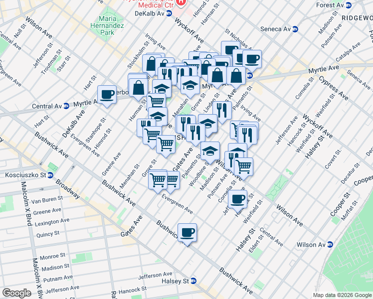 map of restaurants, bars, coffee shops, grocery stores, and more near 1329 Gates Avenue in Brooklyn