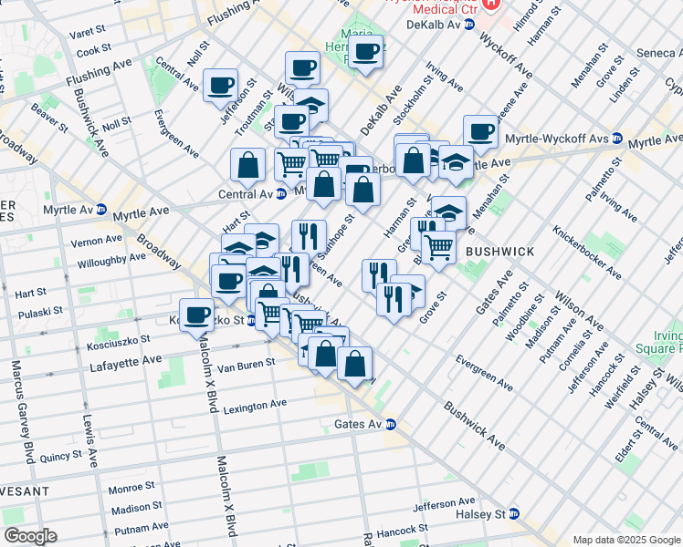 map of restaurants, bars, coffee shops, grocery stores, and more near 46 Himrod Street in Brooklyn