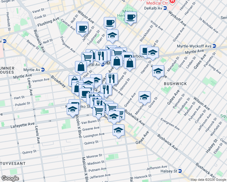 map of restaurants, bars, coffee shops, grocery stores, and more near 28 Stanhope Street in Brooklyn