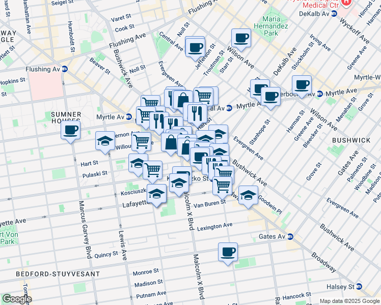 map of restaurants, bars, coffee shops, grocery stores, and more near 16 Lawton Street in Brooklyn