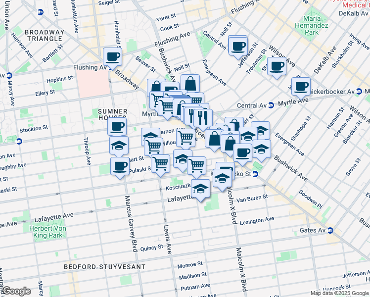 map of restaurants, bars, coffee shops, grocery stores, and more near 385 Hart Street in Brooklyn