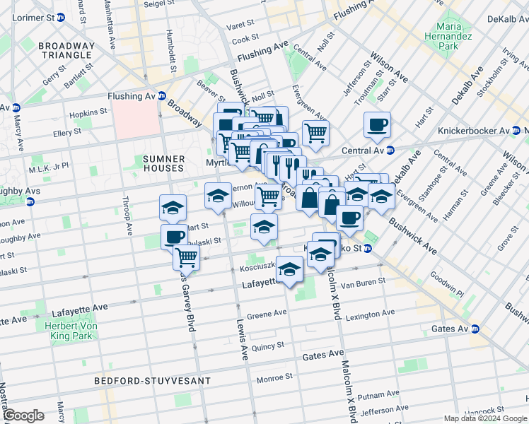 map of restaurants, bars, coffee shops, grocery stores, and more near 385 Hart Street in Brooklyn
