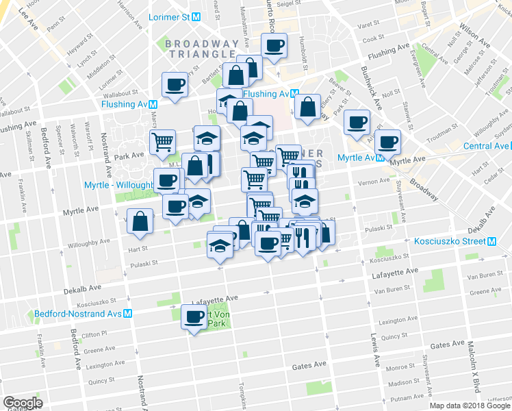 map of restaurants, bars, coffee shops, grocery stores, and more near 198 Vernon Avenue in Brooklyn