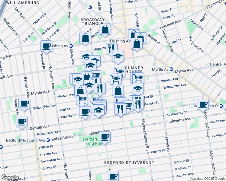 map of restaurants, bars, coffee shops, grocery stores, and more near 198 Vernon Avenue in Brooklyn