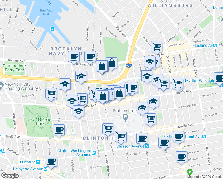 map of restaurants, bars, coffee shops, grocery stores, and more near 90 Ryerson Street in Brooklyn