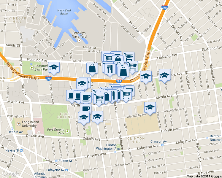 map of restaurants, bars, coffee shops, grocery stores, and more near 89 Waverly Avenue in Brooklyn