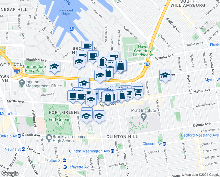 map of restaurants, bars, coffee shops, grocery stores, and more near in Brooklyn