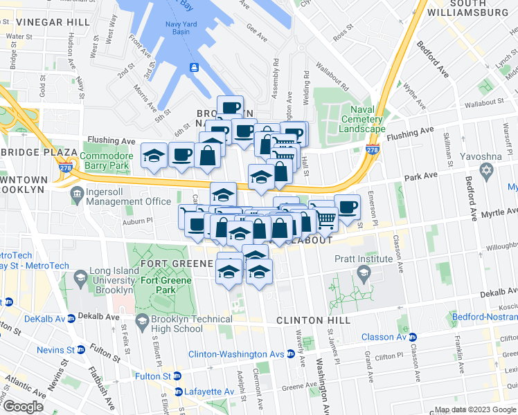 map of restaurants, bars, coffee shops, grocery stores, and more near 86 Clinton Avenue in Brooklyn