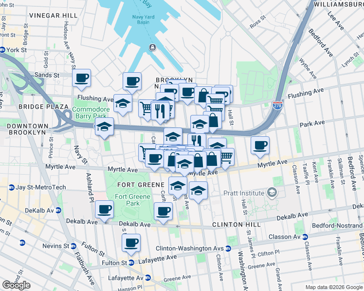 map of restaurants, bars, coffee shops, grocery stores, and more near 89 Clermont Avenue in Brooklyn
