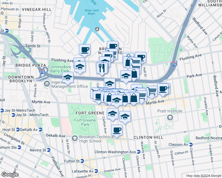 map of restaurants, bars, coffee shops, grocery stores, and more near 89 Clermont Avenue in Brooklyn