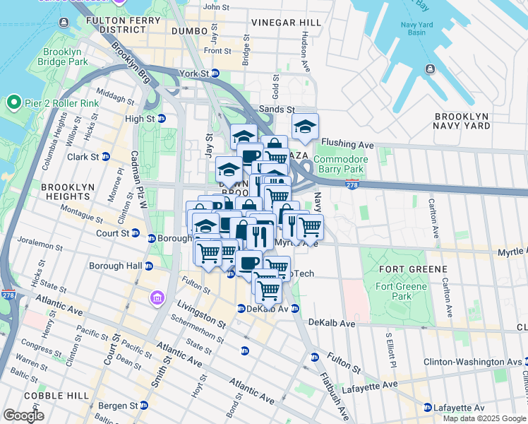 map of restaurants, bars, coffee shops, grocery stores, and more near 171 Johnson Street in Brooklyn