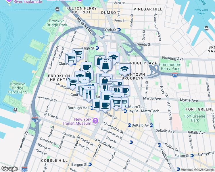 map of restaurants, bars, coffee shops, grocery stores, and more near 36 Adams Street in Brooklyn