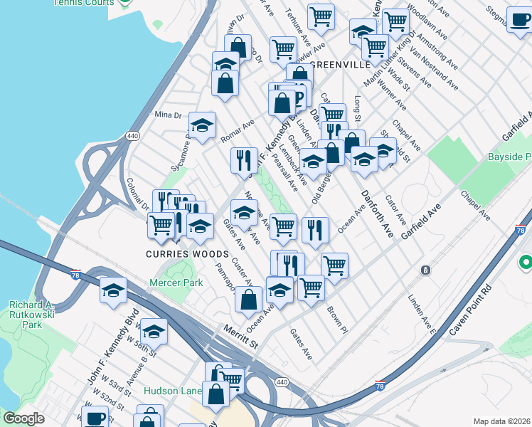 map of restaurants, bars, coffee shops, grocery stores, and more near 190 Neptune Avenue in Jersey City