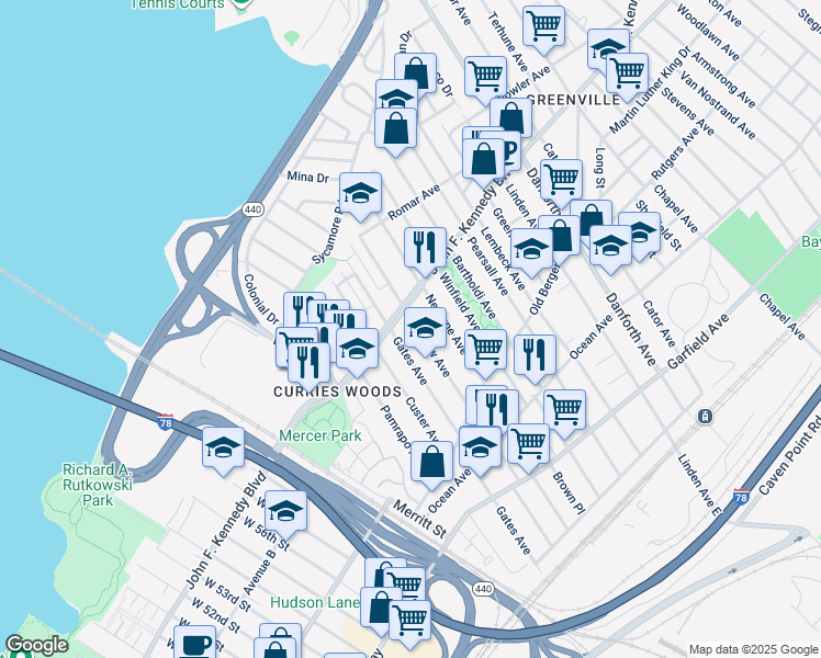 map of restaurants, bars, coffee shops, grocery stores, and more near 213 Seaview Avenue in Jersey City