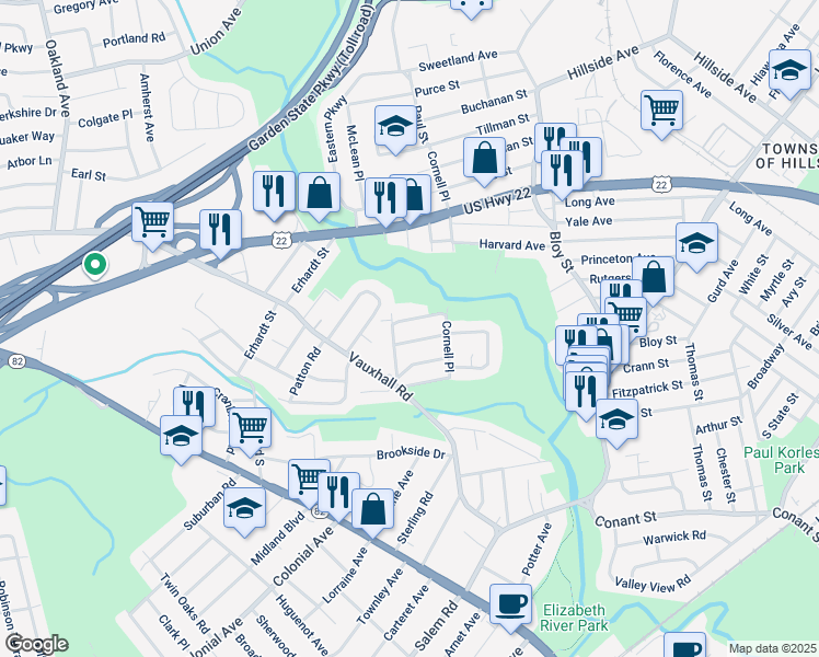 map of restaurants, bars, coffee shops, grocery stores, and more near 1217 Brookside Avenue in Union