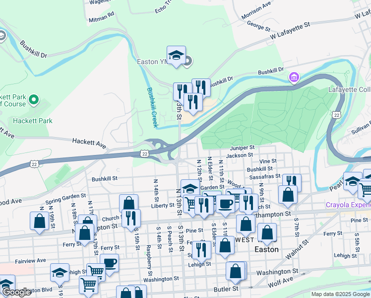 map of restaurants, bars, coffee shops, grocery stores, and more near 428 North Cherry Street in Easton