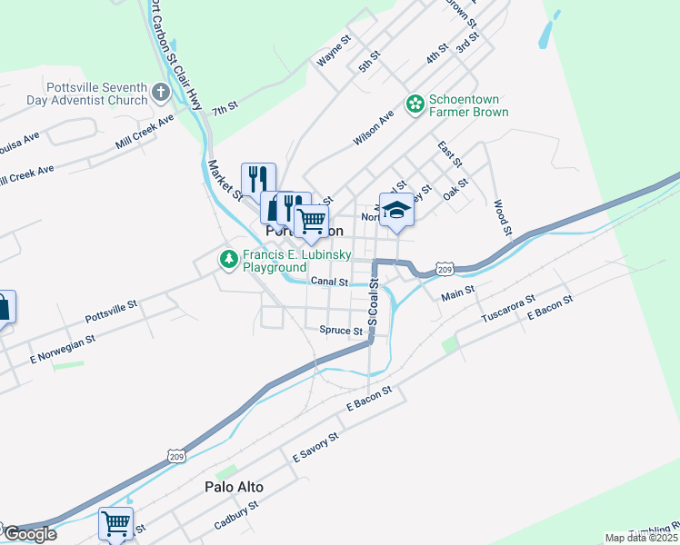 map of restaurants, bars, coffee shops, grocery stores, and more near 124 Canal Street in Port Carbon