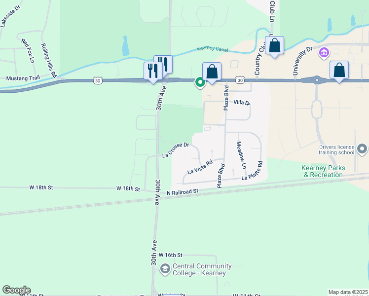 map of restaurants, bars, coffee shops, grocery stores, and more near 88 La Crosse Drive in Kearney