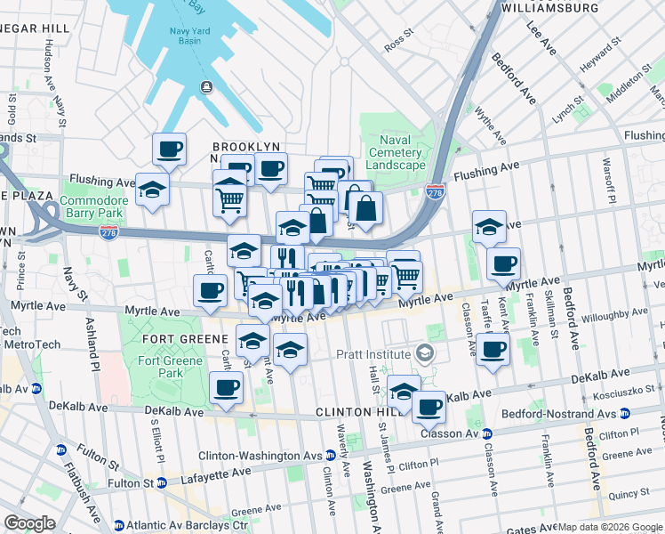 map of restaurants, bars, coffee shops, grocery stores, and more near 120 Washington Avenue in Brooklyn