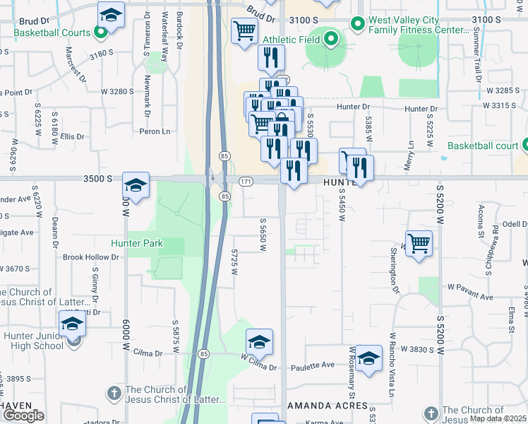 map of restaurants, bars, coffee shops, grocery stores, and more near 5650 West 3575 South in West Valley City