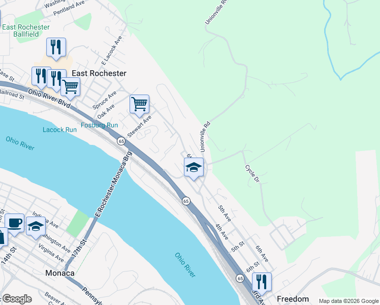 map of restaurants, bars, coffee shops, grocery stores, and more near 7 6th Ave in Freedom
