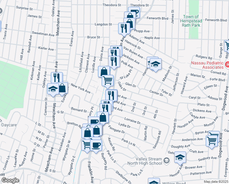 map of restaurants, bars, coffee shops, grocery stores, and more near 483 Franklin Avenue in Franklin Square