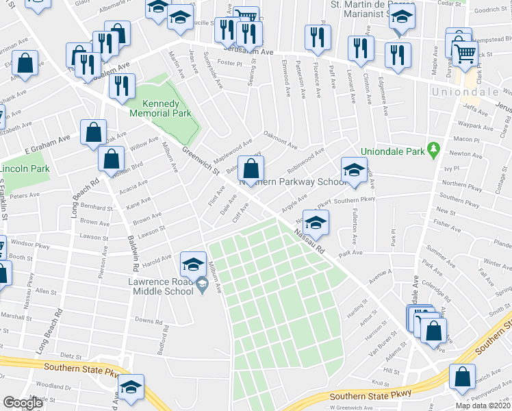 map of restaurants, bars, coffee shops, grocery stores, and more near 572 Greenwich Street in Hempstead