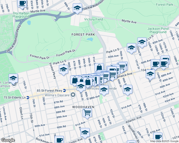 map of restaurants, bars, coffee shops, grocery stores, and more near 85-28 90th Street in Queens