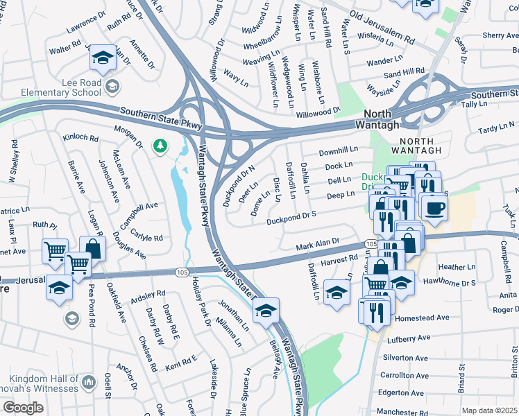 map of restaurants, bars, coffee shops, grocery stores, and more near 23 Dome Lane in Wantagh