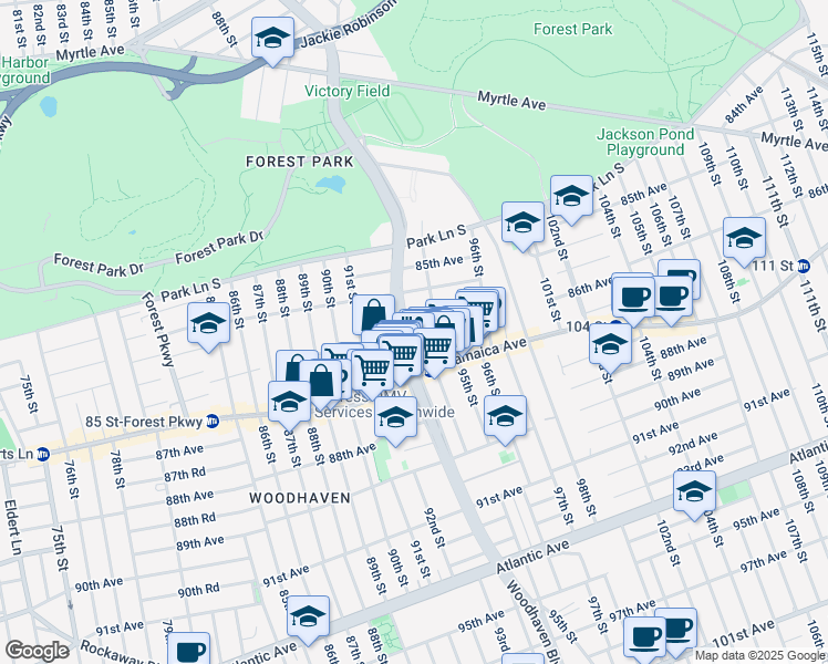 map of restaurants, bars, coffee shops, grocery stores, and more near 93-17 86th Road in Queens