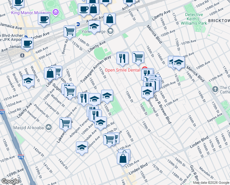 map of restaurants, bars, coffee shops, grocery stores, and more near 107-55 157th Street in Queens