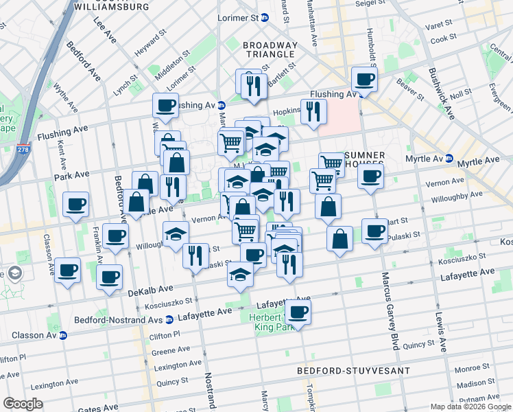 map of restaurants, bars, coffee shops, grocery stores, and more near 89 Vernon Avenue in Brooklyn