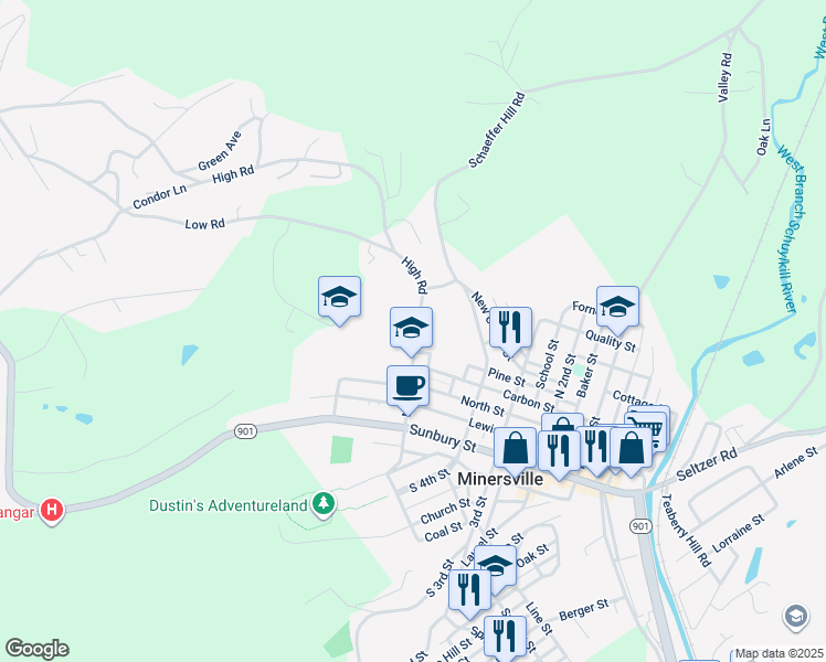 map of restaurants, bars, coffee shops, grocery stores, and more near 320 North 5th Street in Minersville