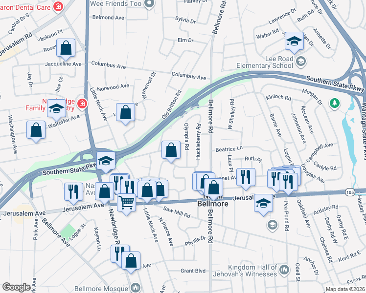 map of restaurants, bars, coffee shops, grocery stores, and more near 1076 Olympia Road in North Bellmore