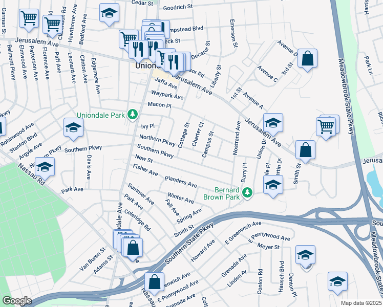 map of restaurants, bars, coffee shops, grocery stores, and more near 780 Northern Parkway in Uniondale