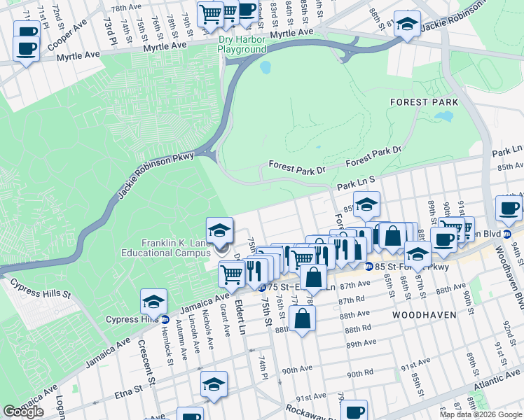 map of restaurants, bars, coffee shops, grocery stores, and more near 85-01 76th Street in Queens