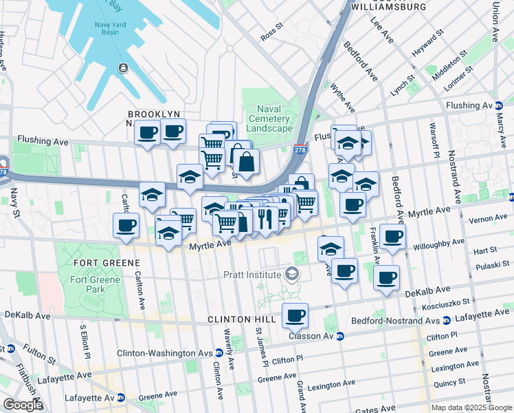 map of restaurants, bars, coffee shops, grocery stores, and more near 89 Ryerson Street in Brooklyn
