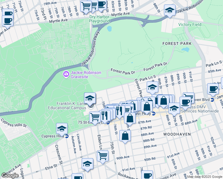 map of restaurants, bars, coffee shops, grocery stores, and more near 76-20 Park Lane South in Queens