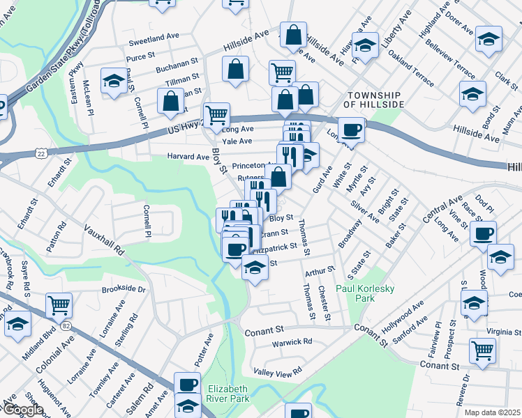 map of restaurants, bars, coffee shops, grocery stores, and more near 1201B Liberty Avenue in Hillside