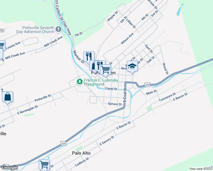 map of restaurants, bars, coffee shops, grocery stores, and more near 212 Canal Street in Port Carbon