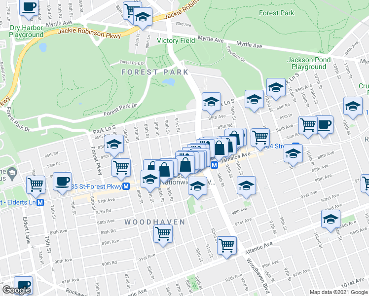 map of restaurants, bars, coffee shops, grocery stores, and more near 86-09 91st Street in Queens