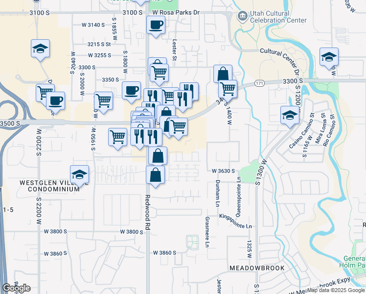 map of restaurants, bars, coffee shops, grocery stores, and more near 1553 West 3500 South in West Valley City